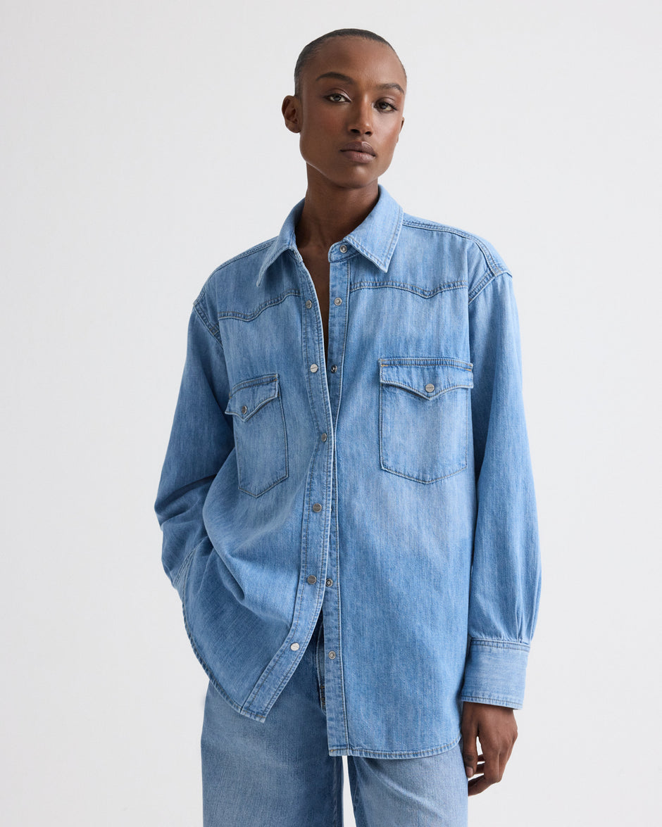TWP Vintage wash OG Supersized Ranchers Shirt in Denim Shirting view 1