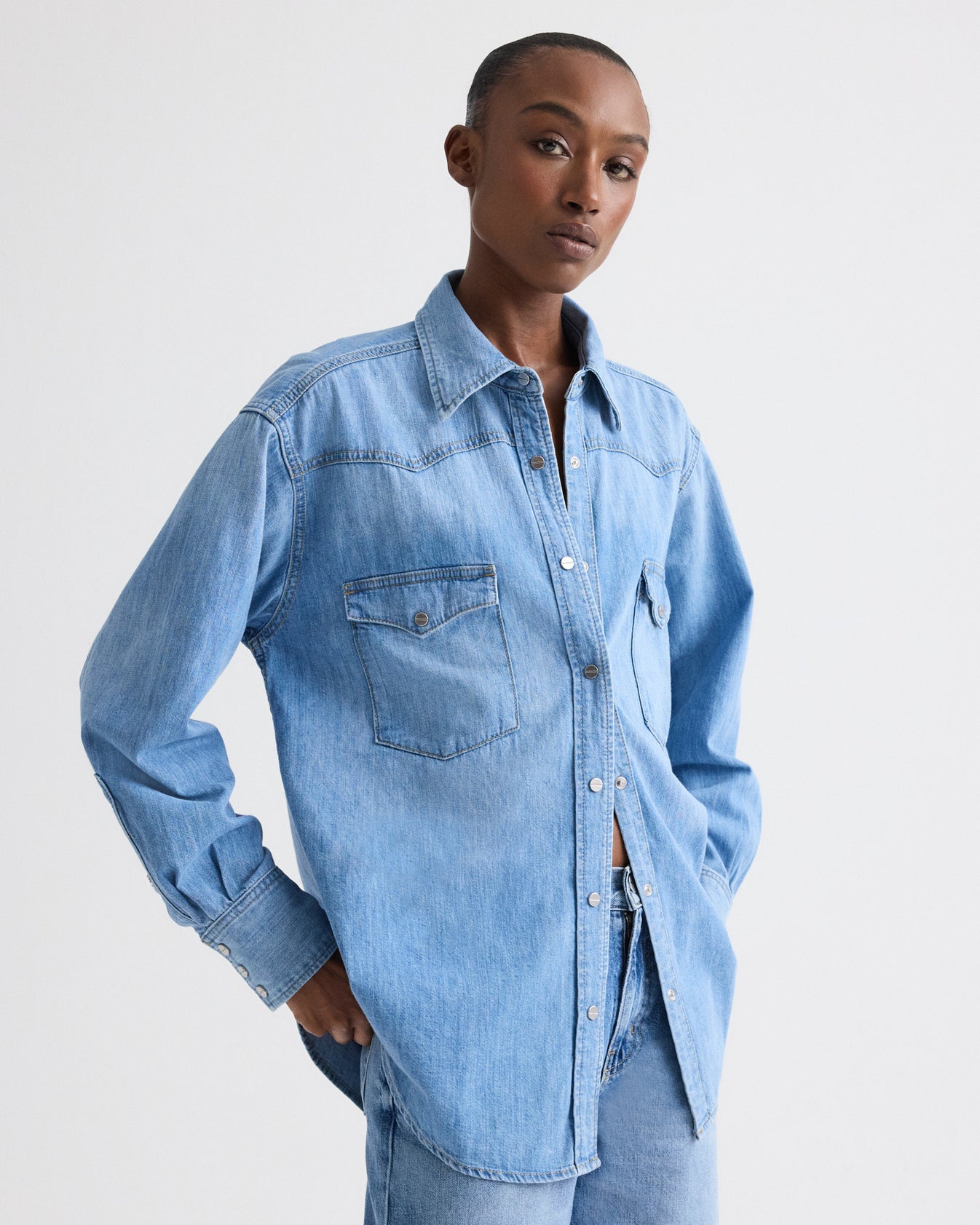 TWP Vintage wash OG Supersized Ranchers Shirt in Denim Shirting view 4