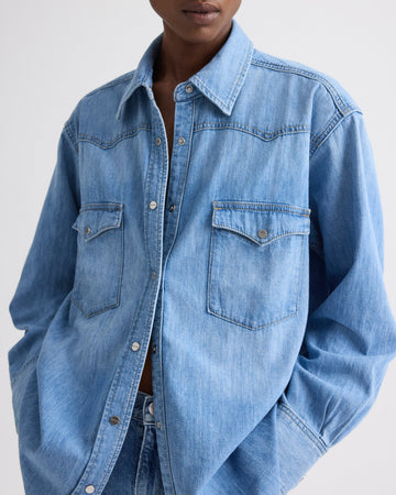 TWP Vintage wash OG Supersized Ranchers Shirt in Denim Shirting view 2