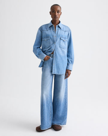 TWP Vintage wash OG Supersized Ranchers Shirt in Denim Shirting view 3