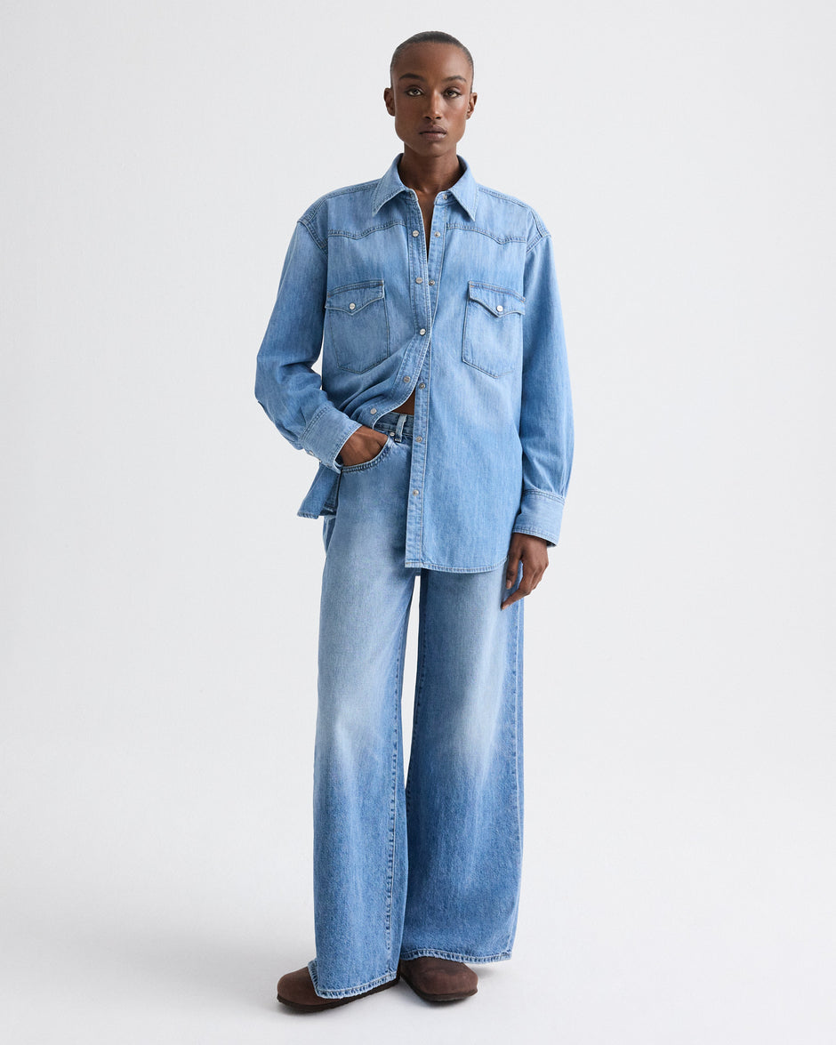 TWP Vintage wash OG Supersized Ranchers Shirt in Denim Shirting view 3