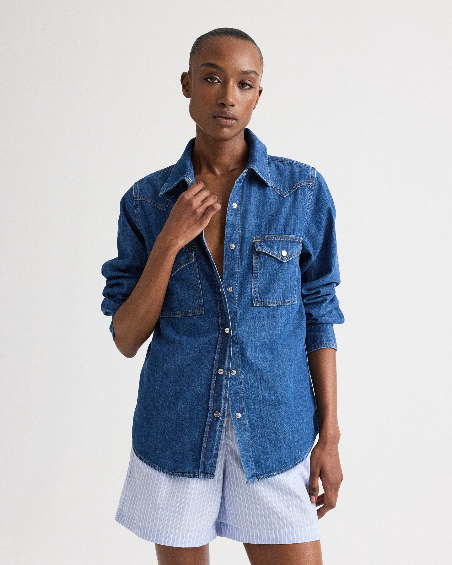 TWP Paris Cowboy Take Me Away Shirt in Denim Shirting view 2