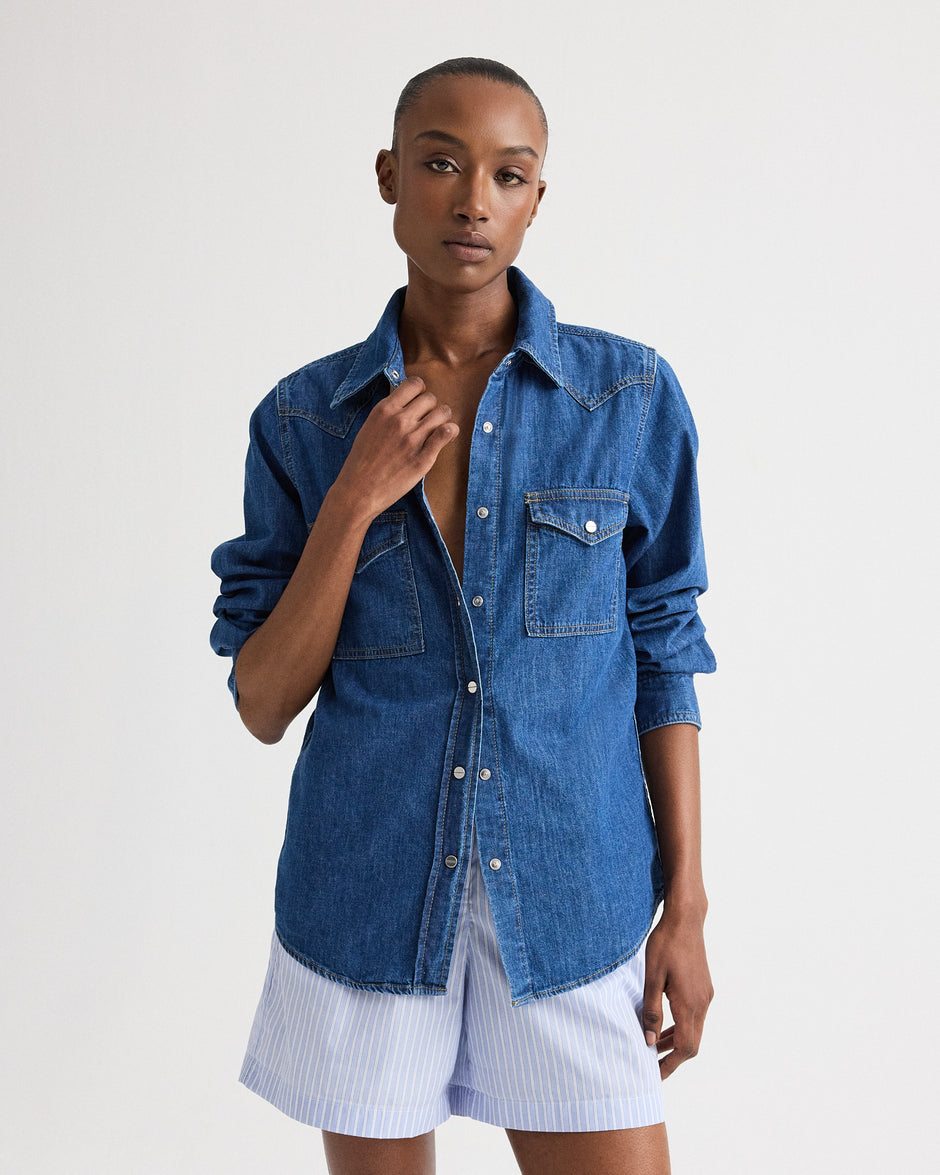 TWP Paris Cowboy Take Me Away Shirt in Denim Shirting view 2