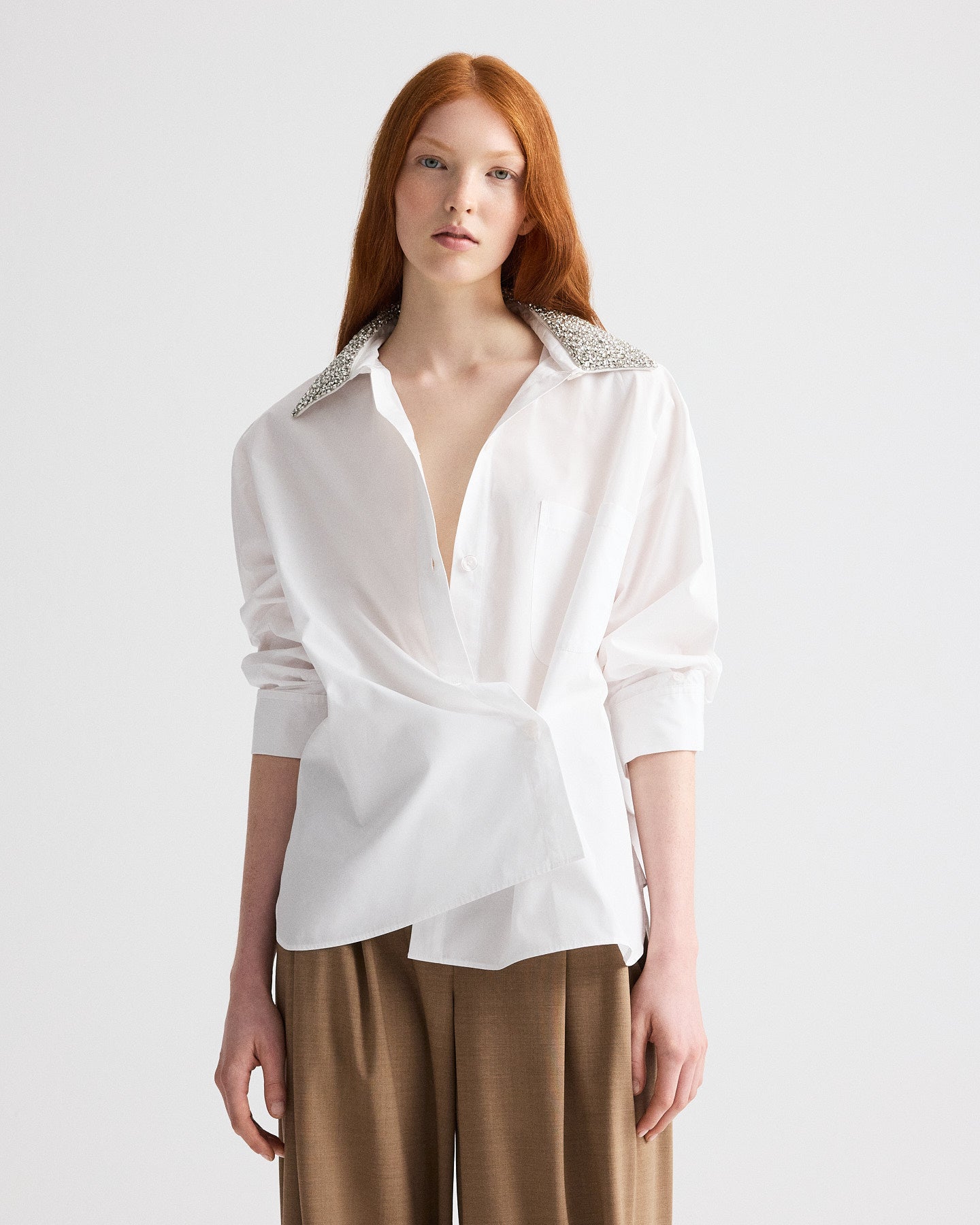 TWP White New Earl Shirt with Crystal Collar in Cotton Shirting view 1