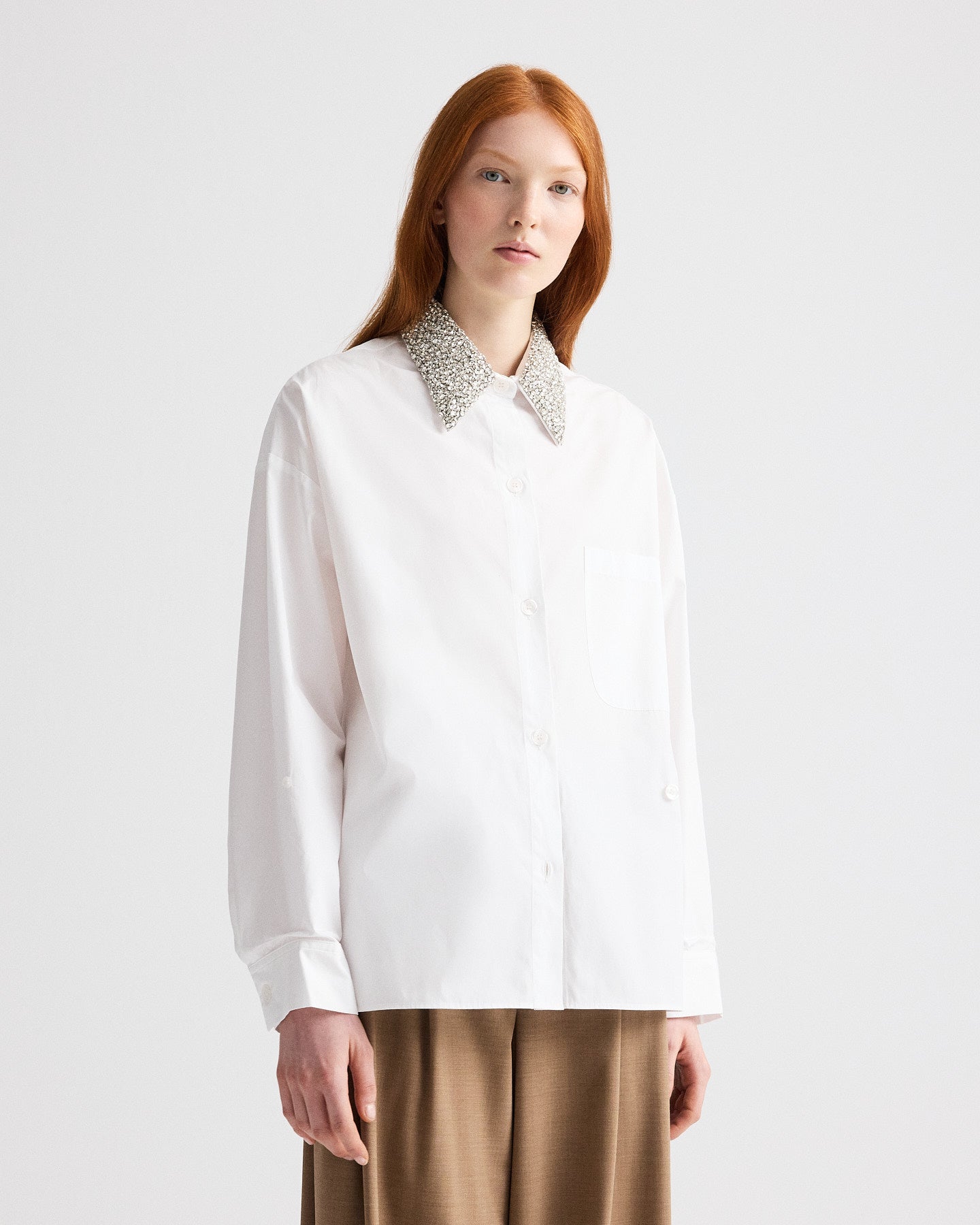 TWP White New Earl Shirt with Crystal Collar in Cotton Shirting view 4