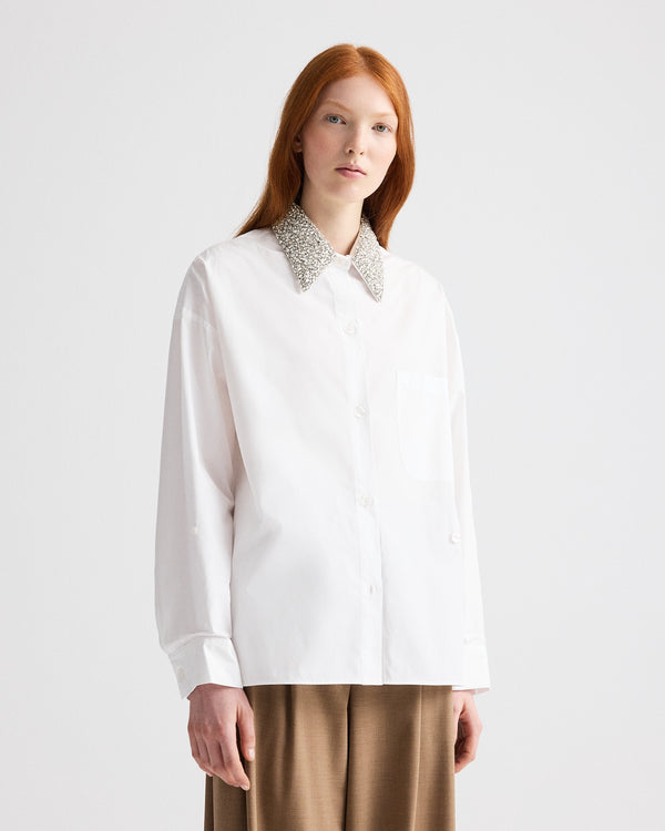 TWP White New Earl Shirt with Crystal Collar in Cotton Shirting view 4