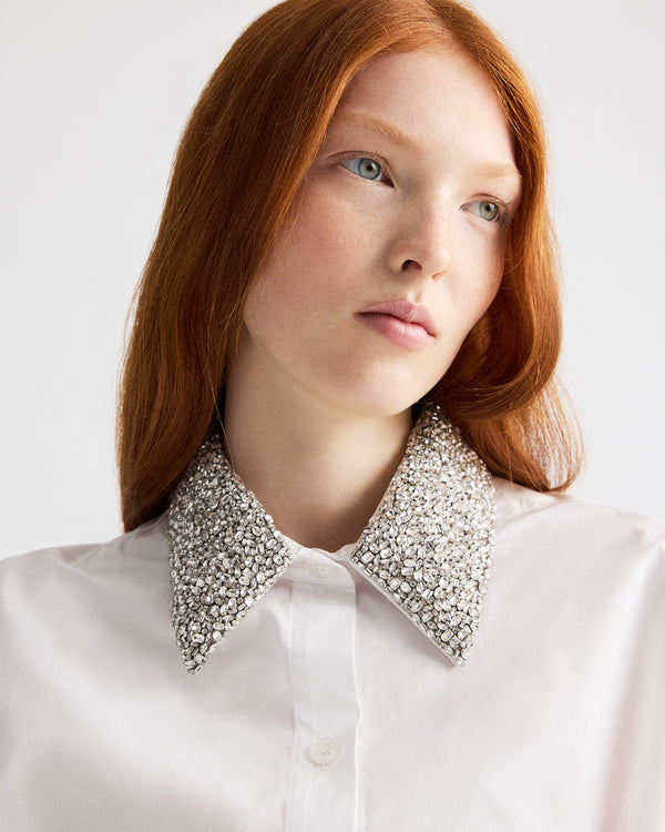 TWP White New Earl Shirt with Crystal Collar in Cotton Shirting view 3