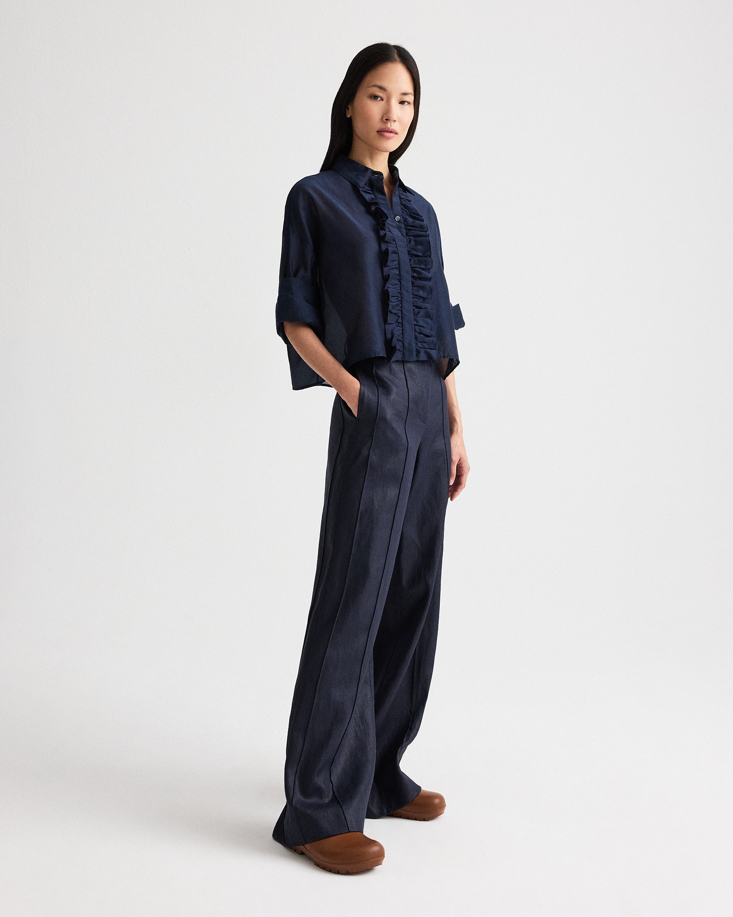 Midnight Next Ex Shirt with Ruffle in Cotton Silk Organza | TWP