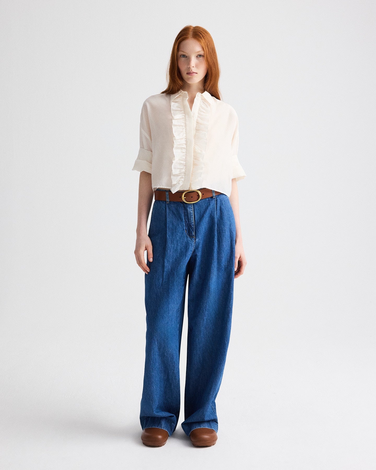 Ivory Next Ex Shirt | Ruffle Silk Button Down Shirt in Ivory | TWP
