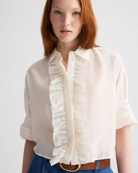 white ruffle dress shirt Angelino White Ruffle Button Up Shirt XL