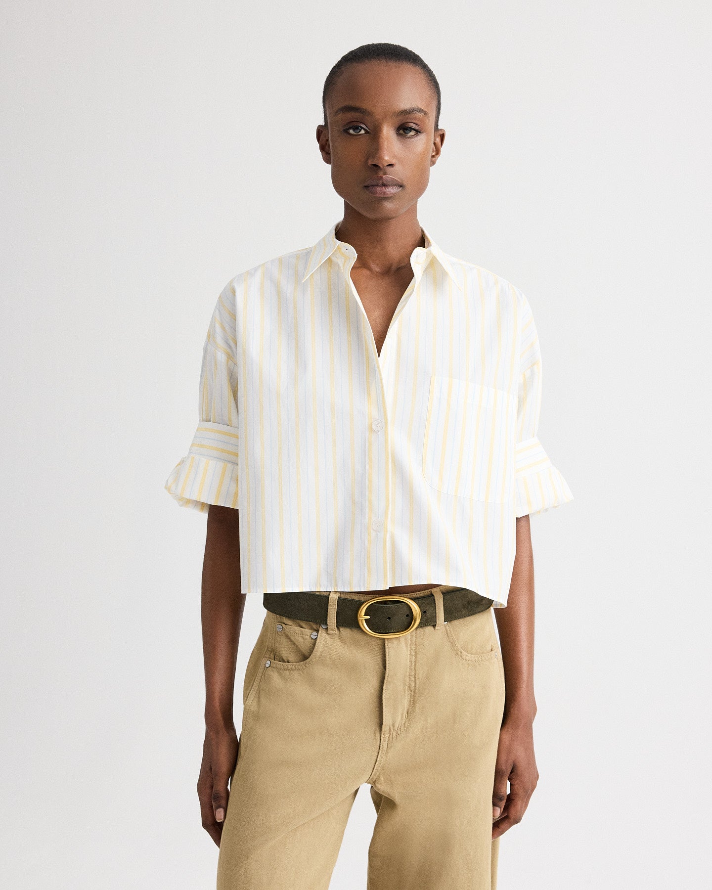 TWP Ivory / yellow / blue Next Ex Shirt in Yarn Dyed Cotton Stripe view 2