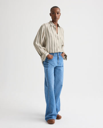 TWP Ivory/green Next Morning Shirt in Fluid Regency Stripe view 3