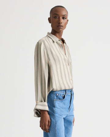 TWP Ivory/green Next Morning Shirt in Fluid Regency Stripe view 4