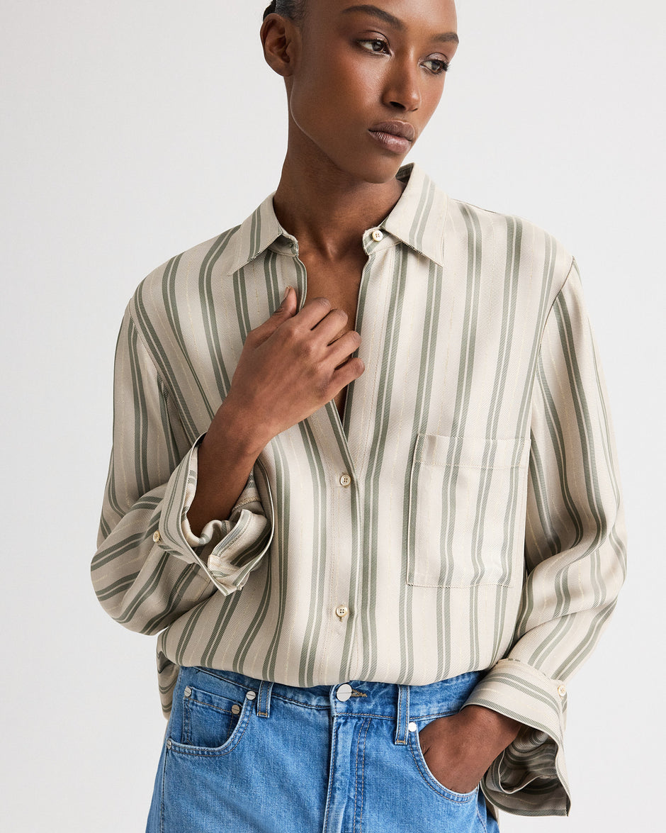TWP Ivory/green Next Morning Shirt in Fluid Regency Stripe view 2