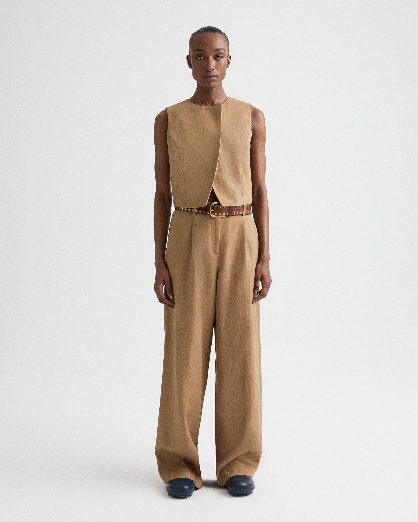 Ermine High Neck Hidden Placket Vest in Chintzed Linen | TWP