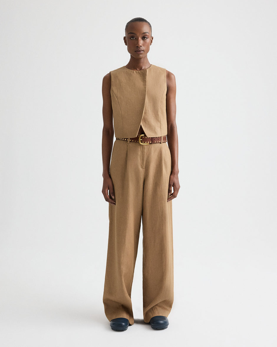 TWP Ermine High Neck Hidden Placket Vest in Chintzed Linen view 4