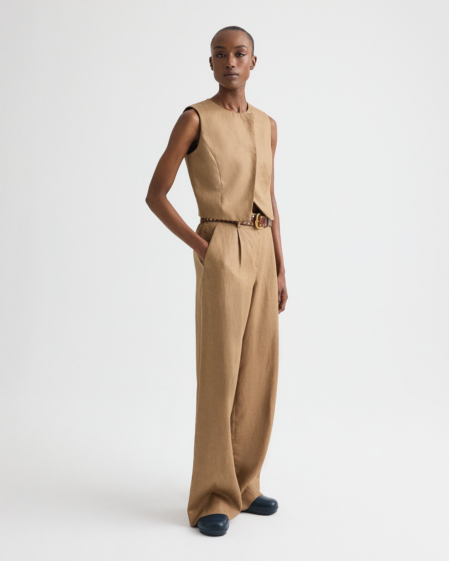 TWP Ermine High Neck Hidden Placket Vest in Chintzed Linen view 3