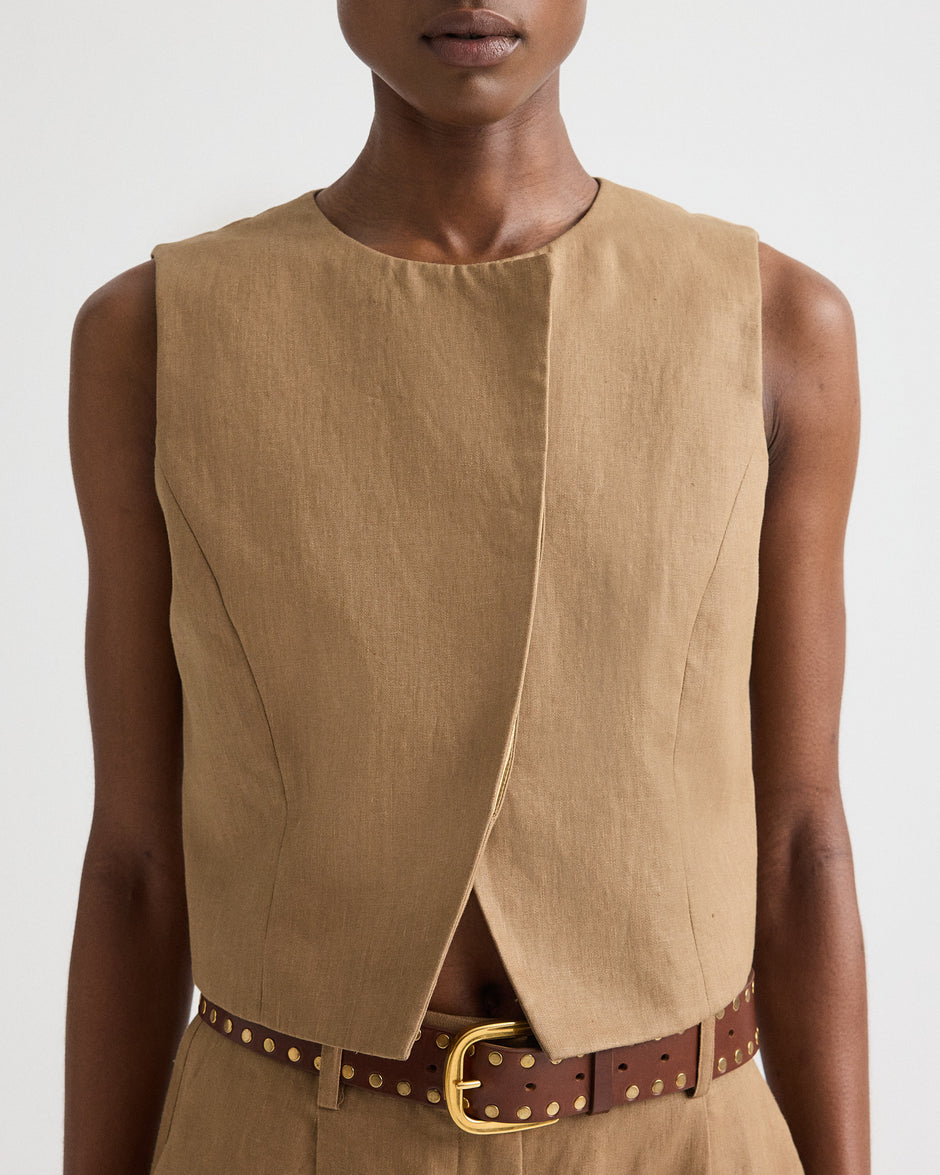 TWP Ermine High Neck Hidden Placket Vest in Chintzed Linen view 2