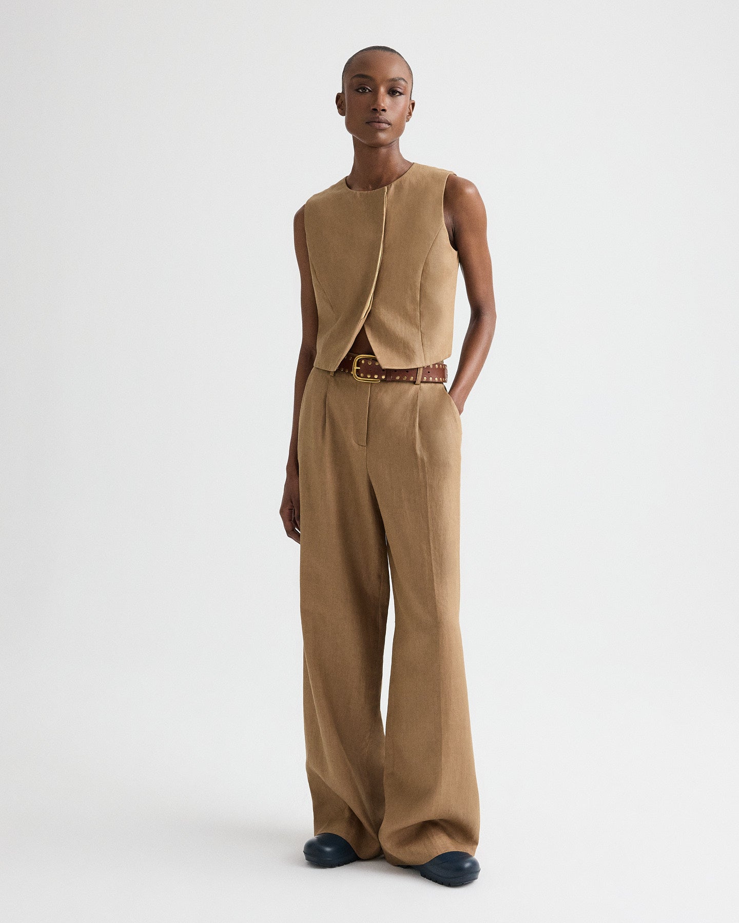 Ermine High Neck Hidden Placket Vest in Chintzed Linen | TWP