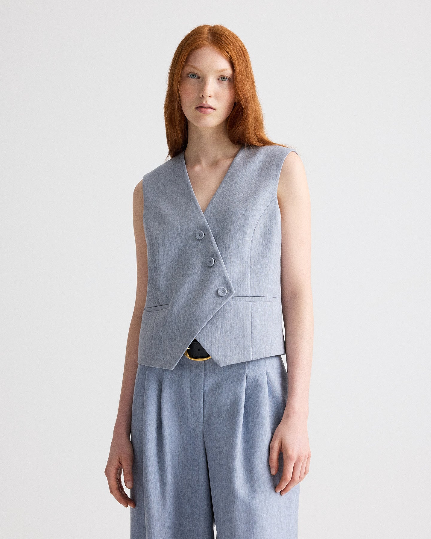 TWP Halogen blue Tyler Vest in Compact Wool Suiting view 1