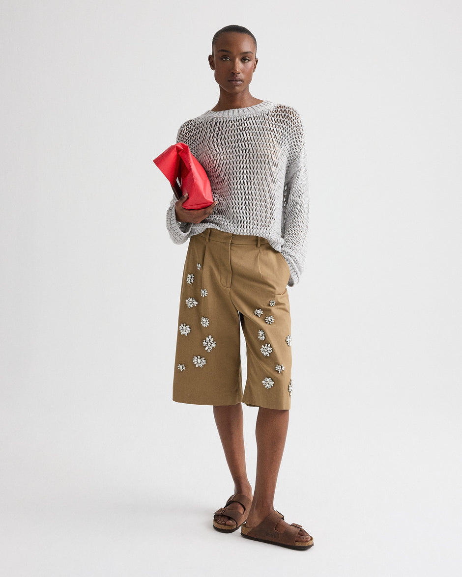 TWP British khaki The City Short with Crystals in Water-Repellent Cotton Canvas view 1