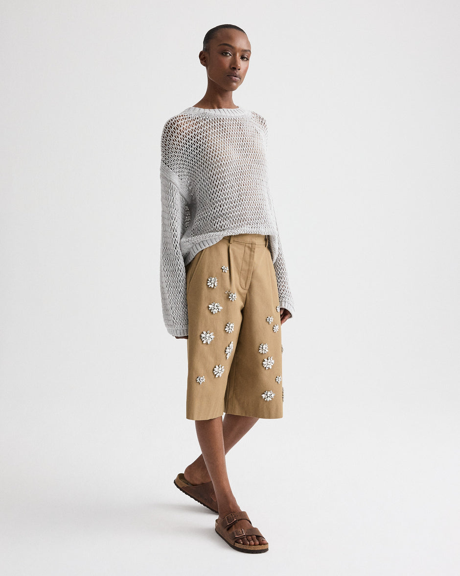 TWP British khaki The City Short with Crystals in Water-Repellent Cotton Canvas view 3