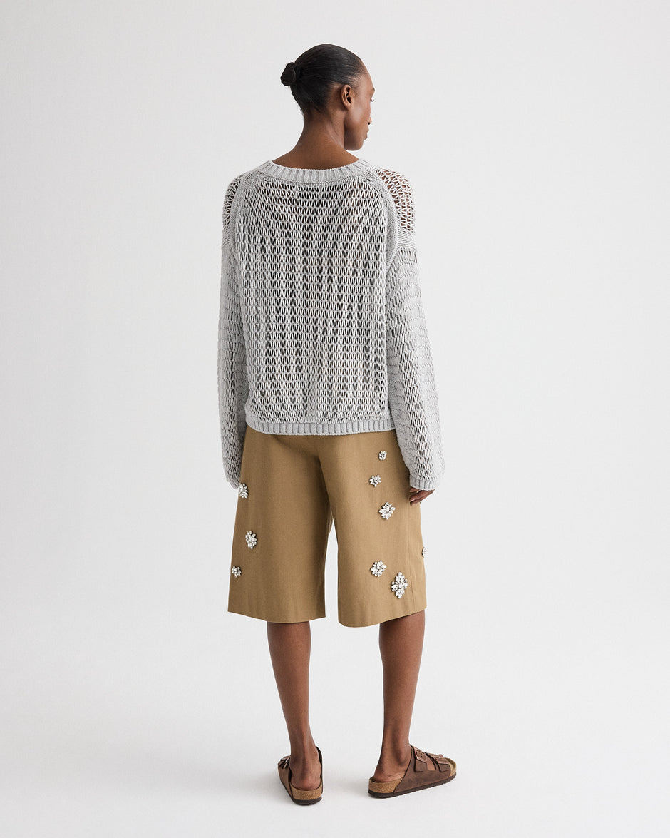 TWP British khaki The City Short with Crystals in Water-Repellent Cotton Canvas view 4