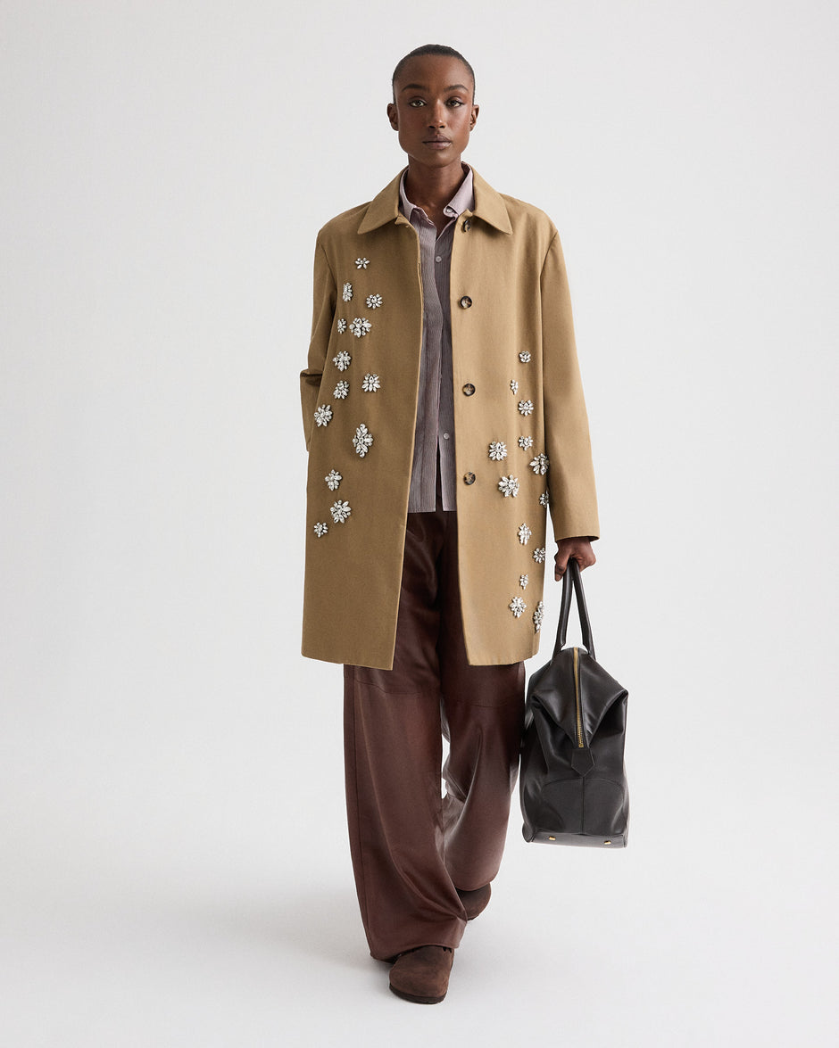 TWP British khaki Edinburgh Coat with Crystals in Water-Repellent Cotton Canvas view 1