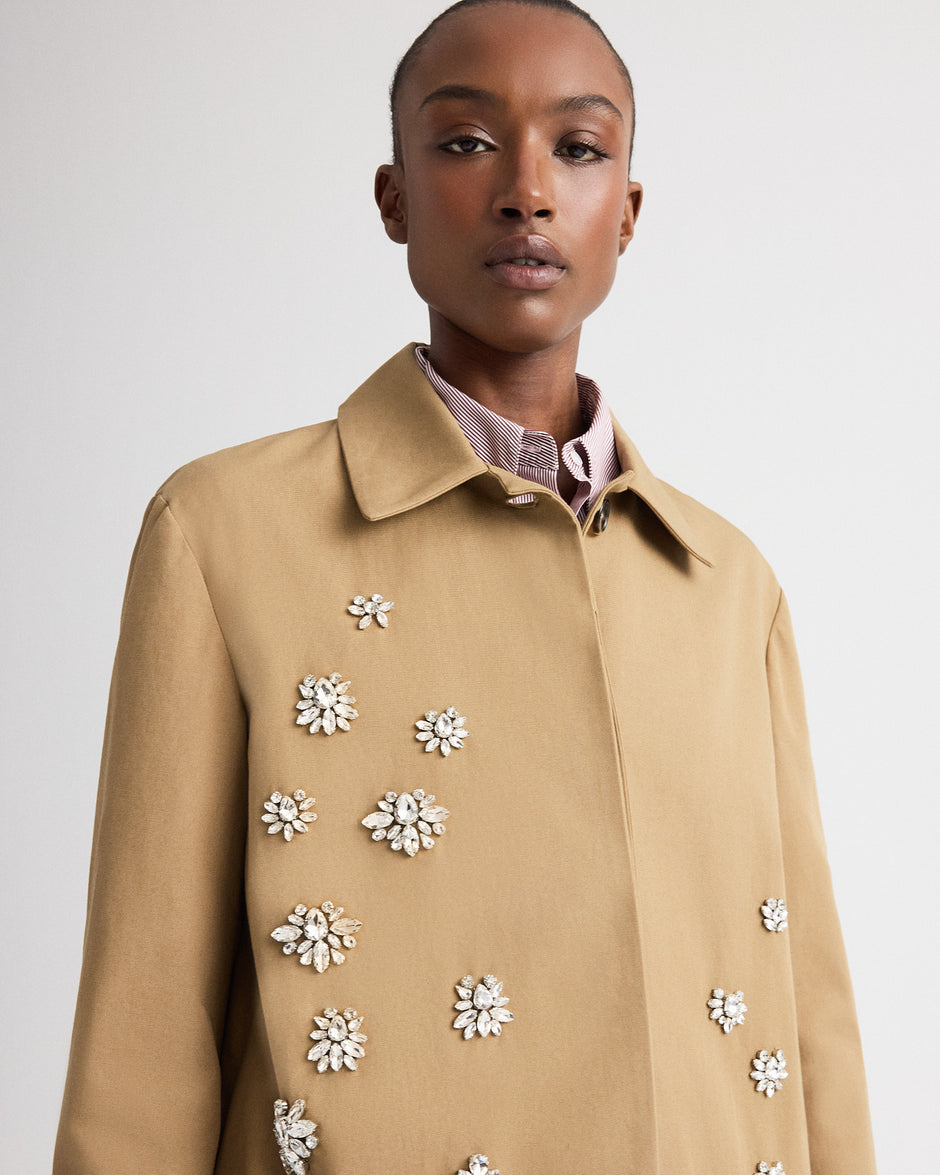 TWP British khaki Edinburgh Coat with Crystals in Water-Repellent Cotton Canvas view 2