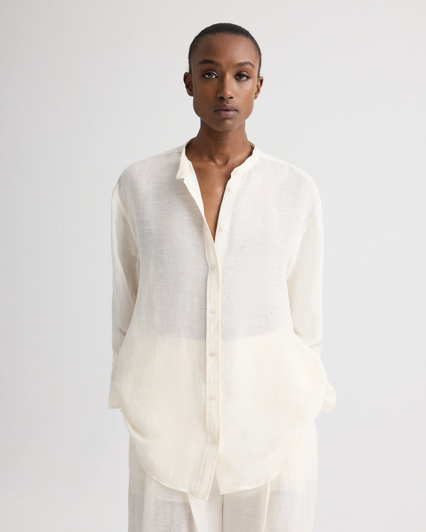 TWP Ivory Late Check Out Shirt in Silk Linen Gauze view 1