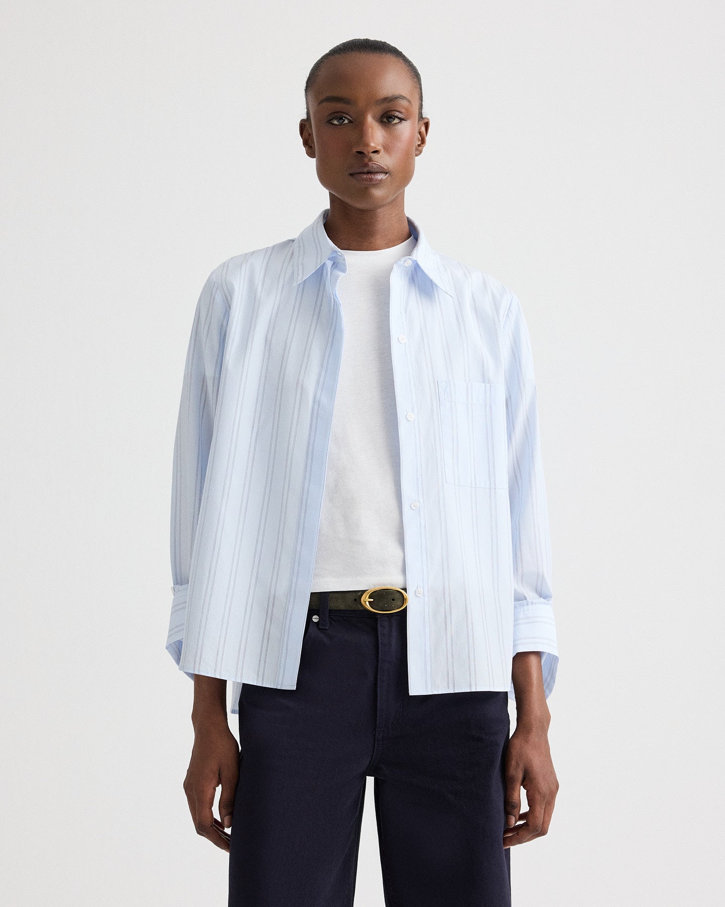 Blue / midnight Boyfriend Shirt in Drop Needle Double Stripe | TWP Blue / midnight Boyfriend Shirt in Drop Needle Double Stripe | TWP