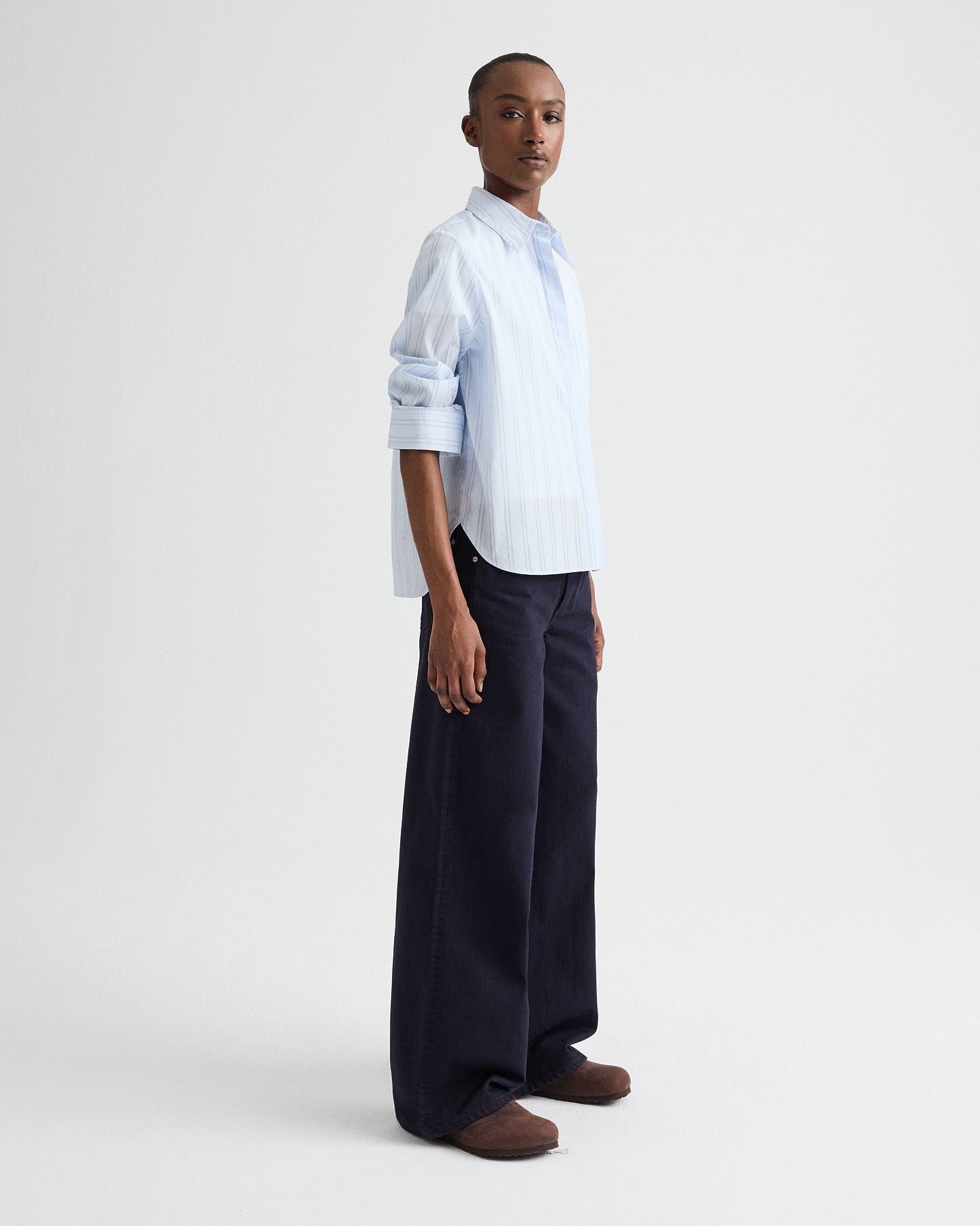 TWP Blue / midnight Boyfriend Shirt in Drop Needle Double Stripe view 4