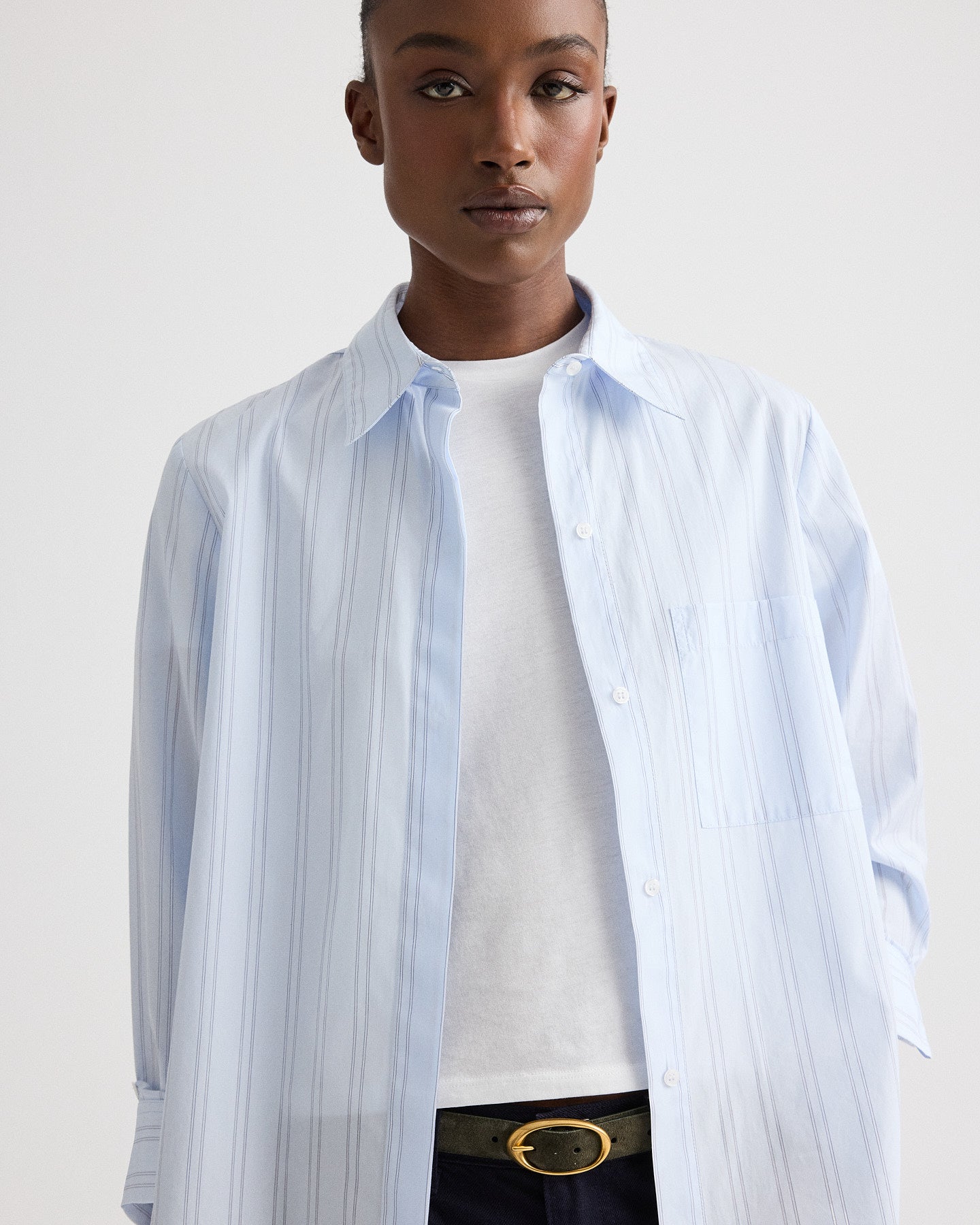 TWP Blue / midnight Boyfriend Shirt in Drop Needle Double Stripe view 2
