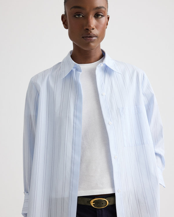 TWP Blue / midnight Boyfriend Shirt in Drop Needle Double Stripe view 2
