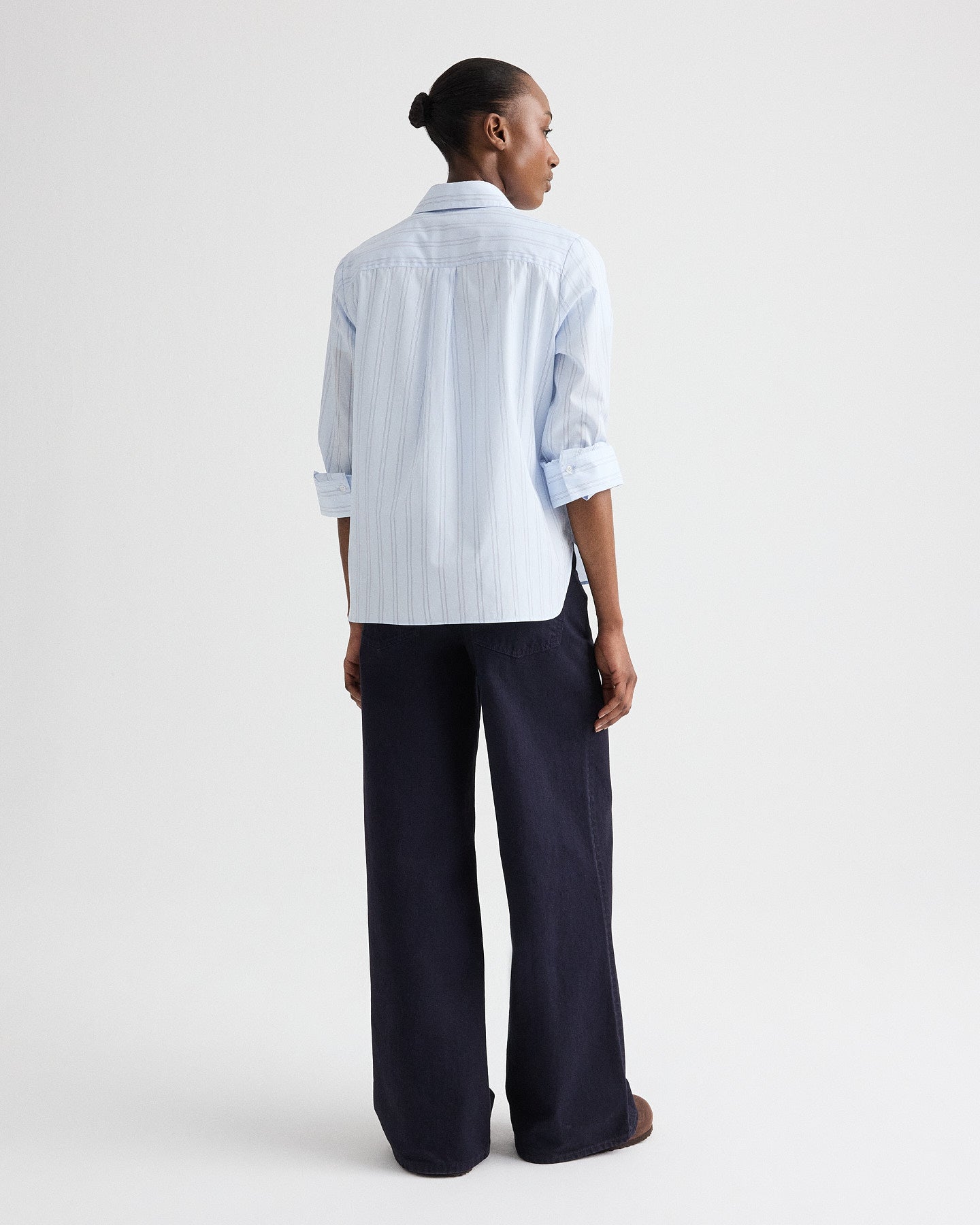 TWP Blue / midnight Boyfriend Shirt in Drop Needle Double Stripe view 5