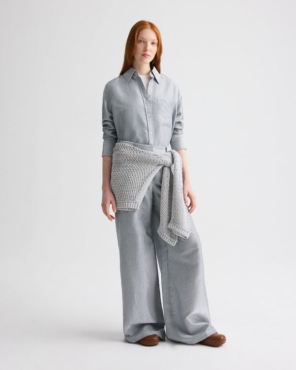 TWP White / blue Dillon Pant in Glossy Mini Stripe view 1