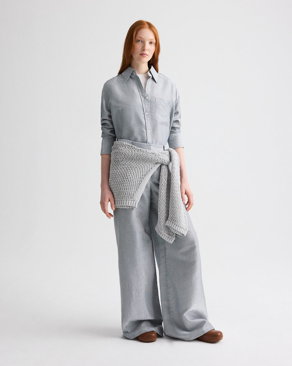 TWP White / blue Dillon Pant in Glossy Mini Stripe view 1