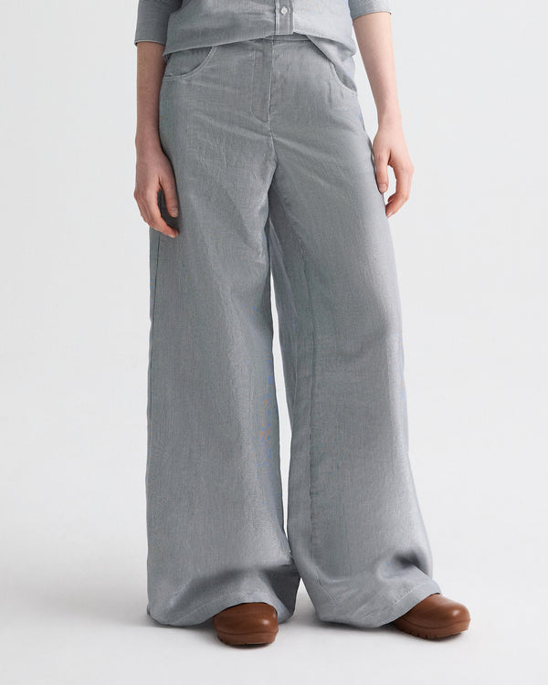TWP White / blue Dillon Pant in Glossy Mini Stripe view 2