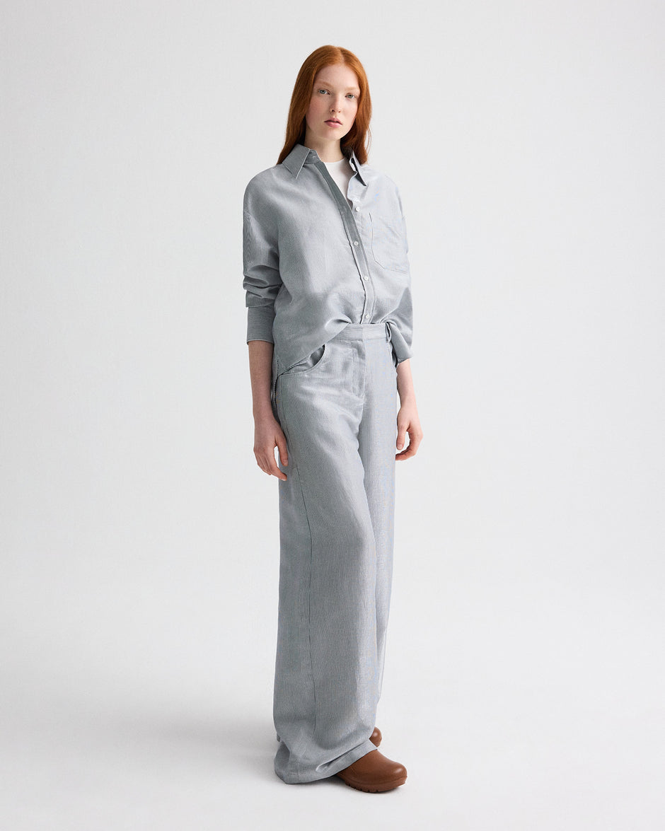 TWP White / blue Dillon Pant in Glossy Mini Stripe view 4