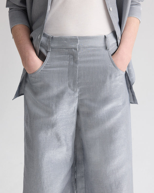 TWP White / blue Dillon Pant in Glossy Mini Stripe view 3