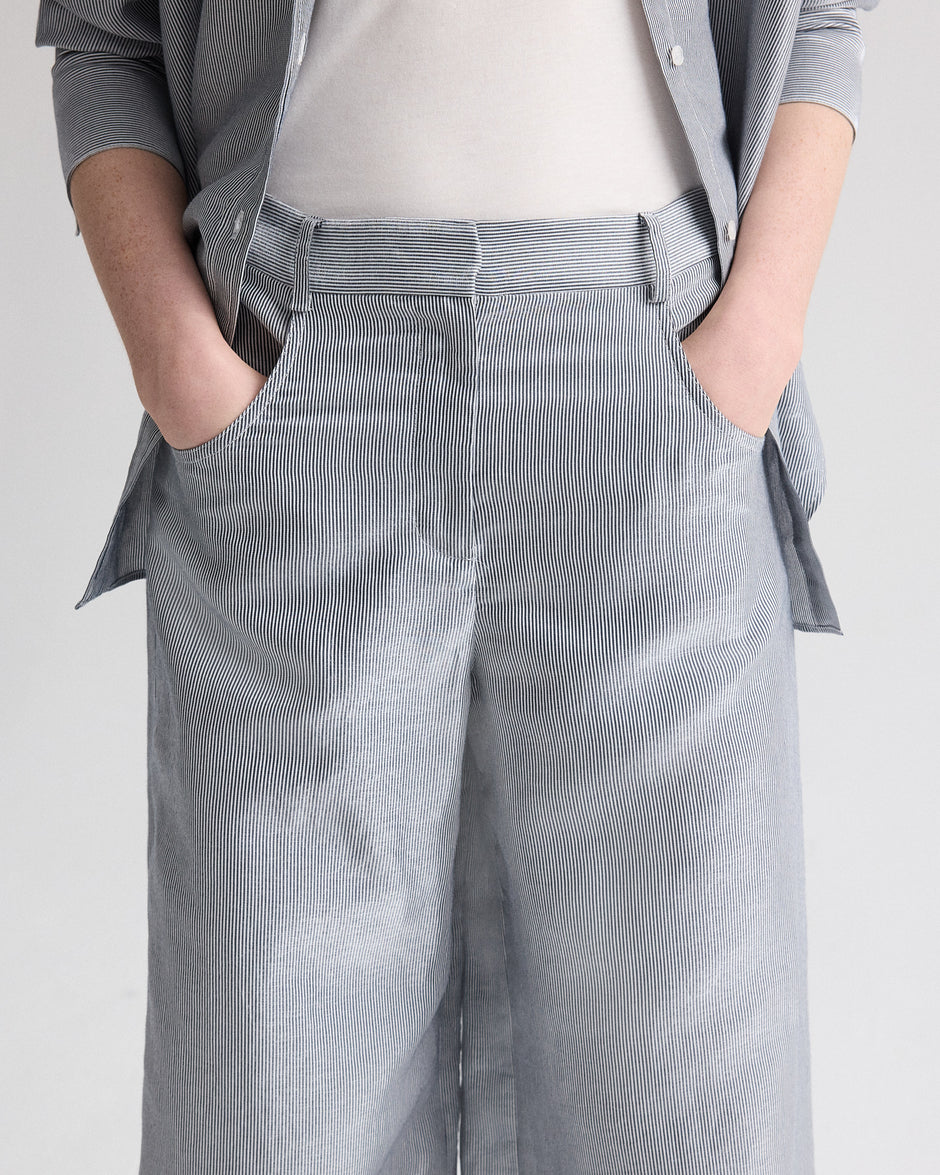 TWP White / blue Dillon Pant in Glossy Mini Stripe view 3