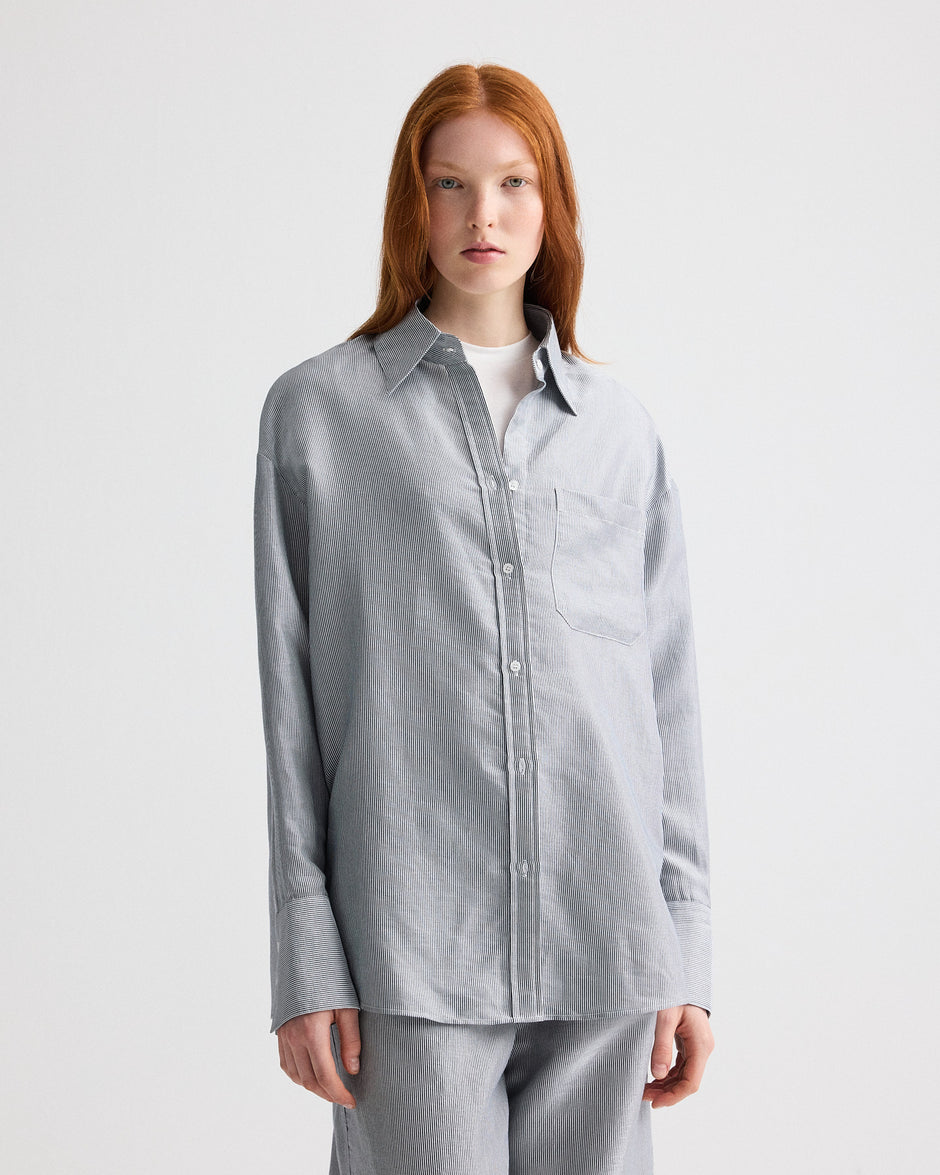 TWP White / blue Big Joe Shirt in Glossy Mini Stripe view 1