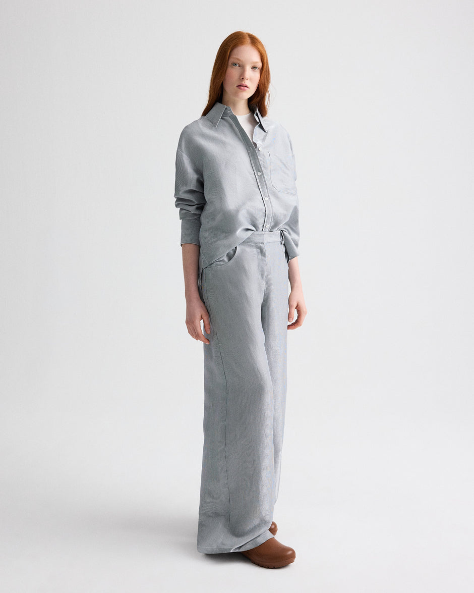 TWP White / blue Big Joe Shirt in Glossy Mini Stripe view 3