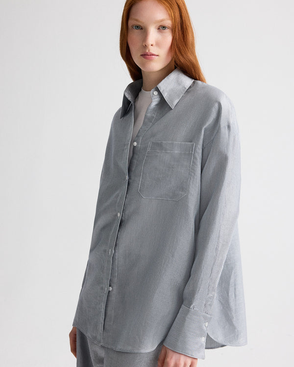 TWP White / blue Big Joe Shirt in Glossy Mini Stripe view 4