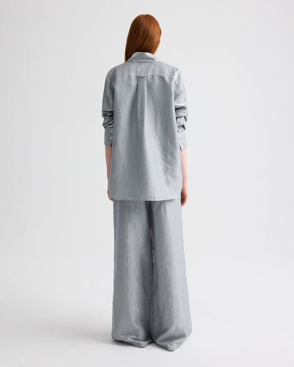 TWP White / blue Big Joe Shirt in Glossy Mini Stripe view 5