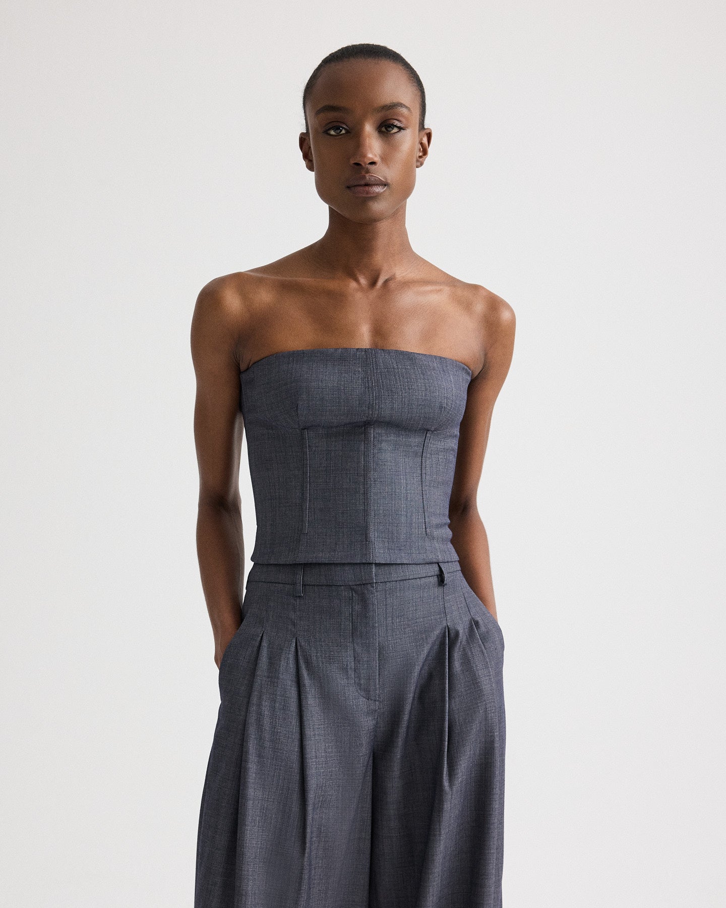 Medium indigo Jillian Bustier in Lightweight Viscose Wool | TWP