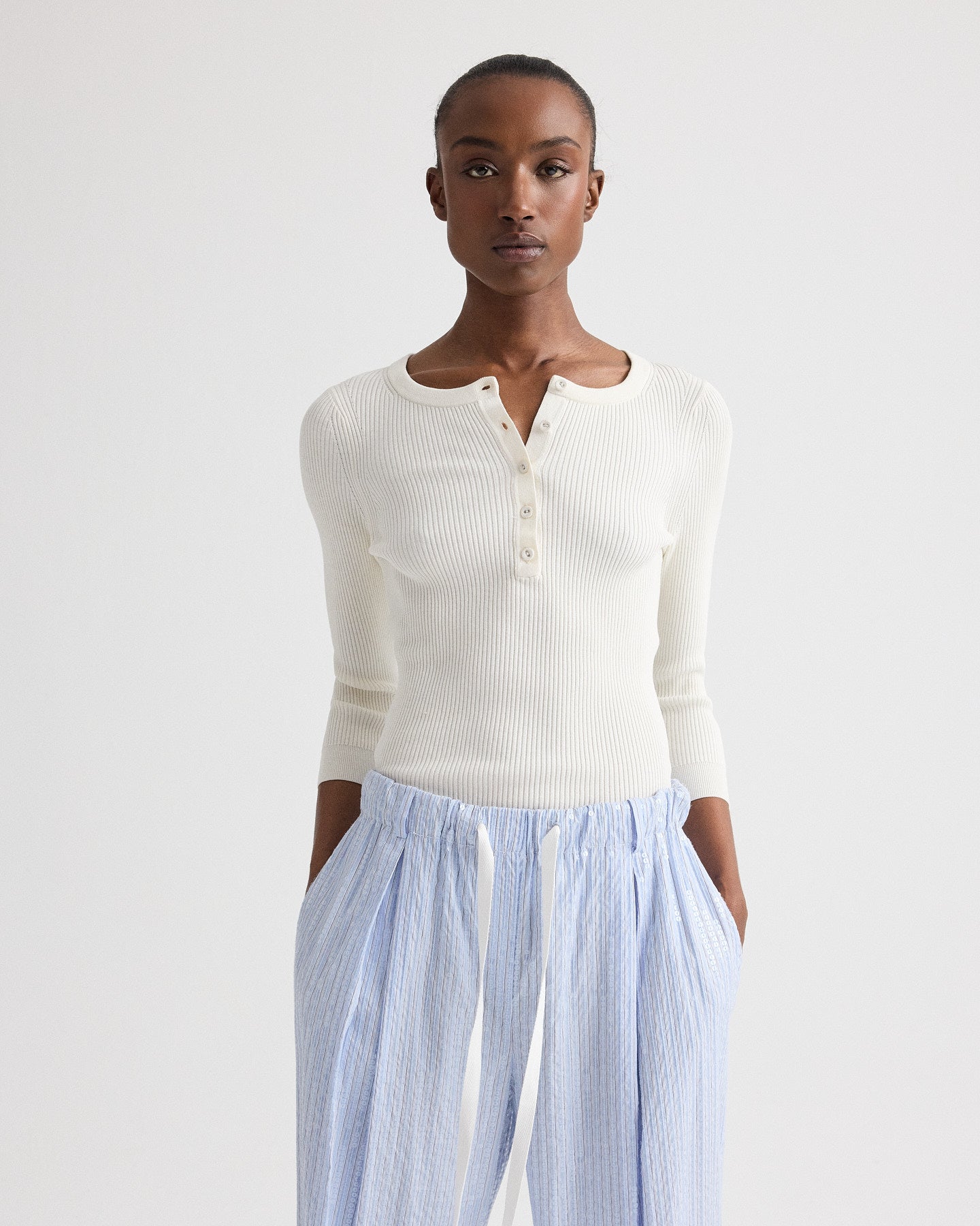 TWP Ivory The Henley Sweater in Cotton Silk Yarn view 2