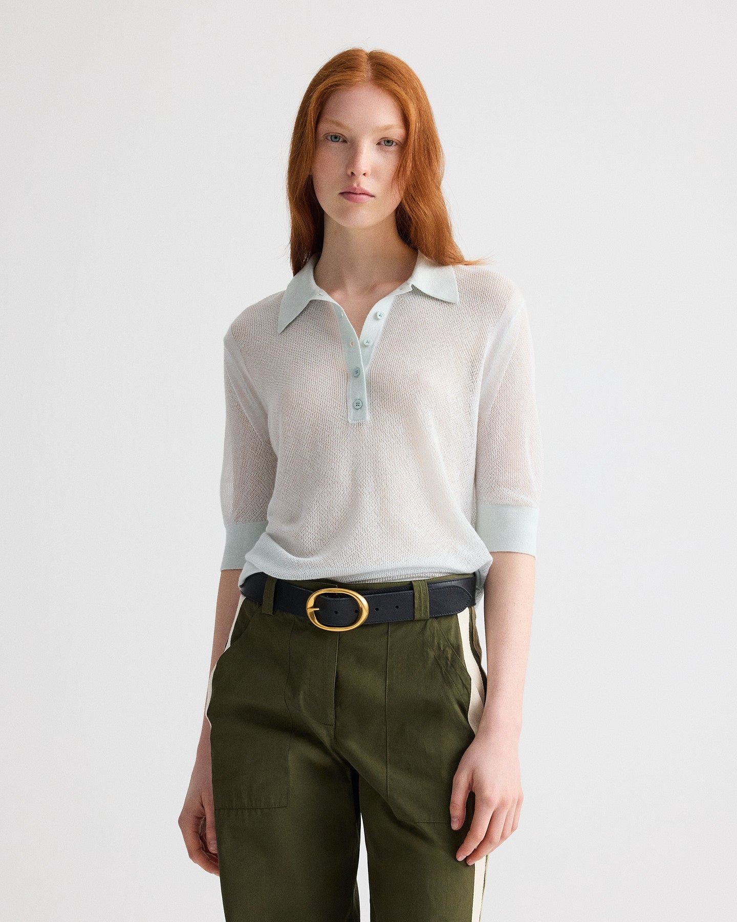 TWP Blue flower Open Stitch Slim Polo in Superfine Cashmere view 1