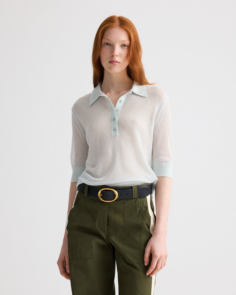 TWP Blue flower Open Stitch Slim Polo in Superfine Cashmere view 1