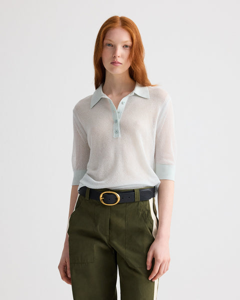 Blue flower Open Stitch Slim Polo in Superfine Cashmere | TWP